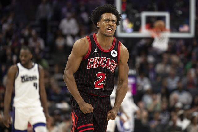 Chicago Bulls guard Collin Sexton (2) reacts during a game at Golden 1 in Sacramento on Sunday.